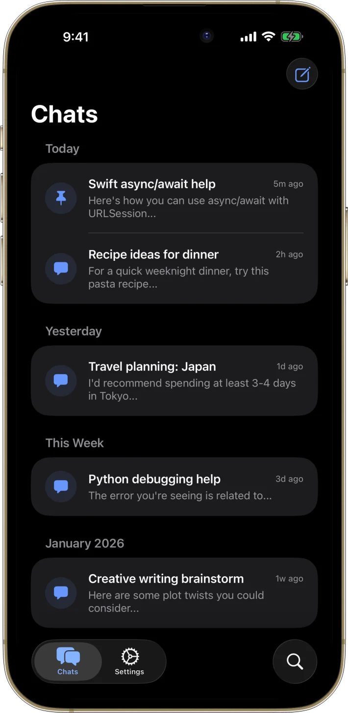 AI Chat App Starter iOS starter kit UI screenshot - dark mode