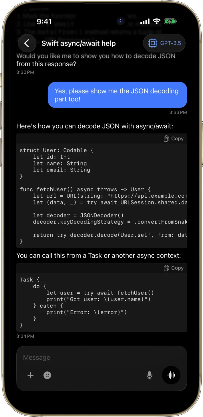 AI Chat App Starter iOS starter kit UI screenshot - dark mode