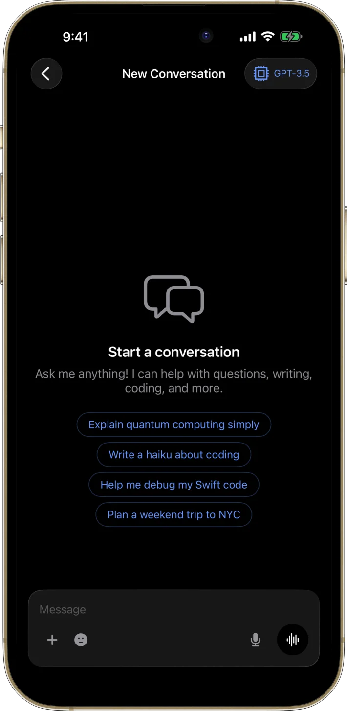 AI Chat App Starter iOS starter kit UI screenshot - dark mode