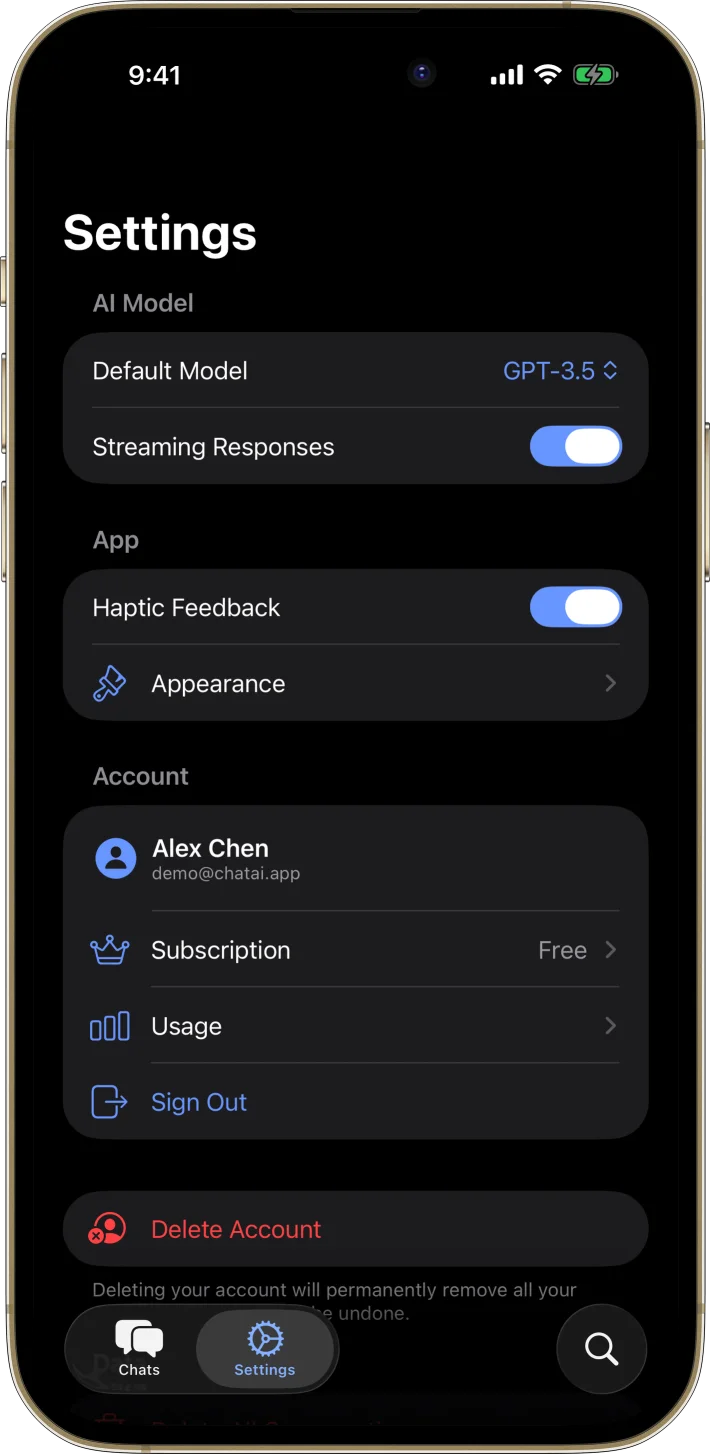 AI Chat App Starter iOS starter kit UI screenshot - dark mode