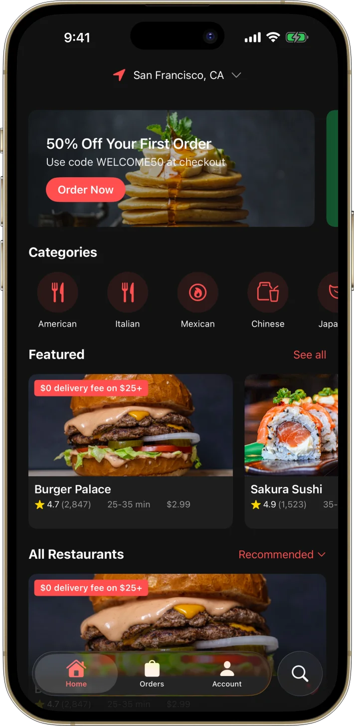 FoodDash iOS starter kit UI screenshot - dark mode