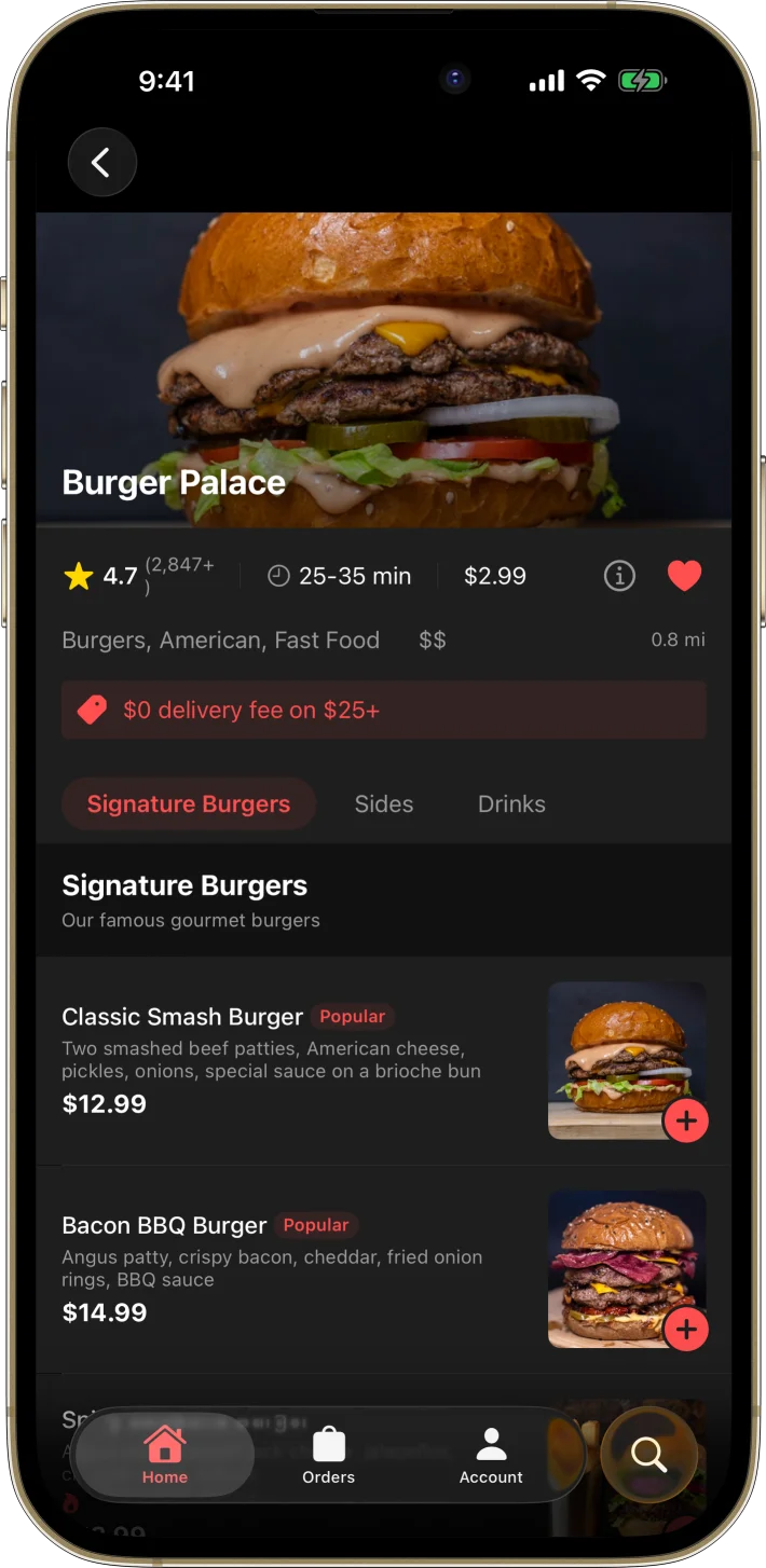 FoodDash iOS starter kit UI screenshot - dark mode