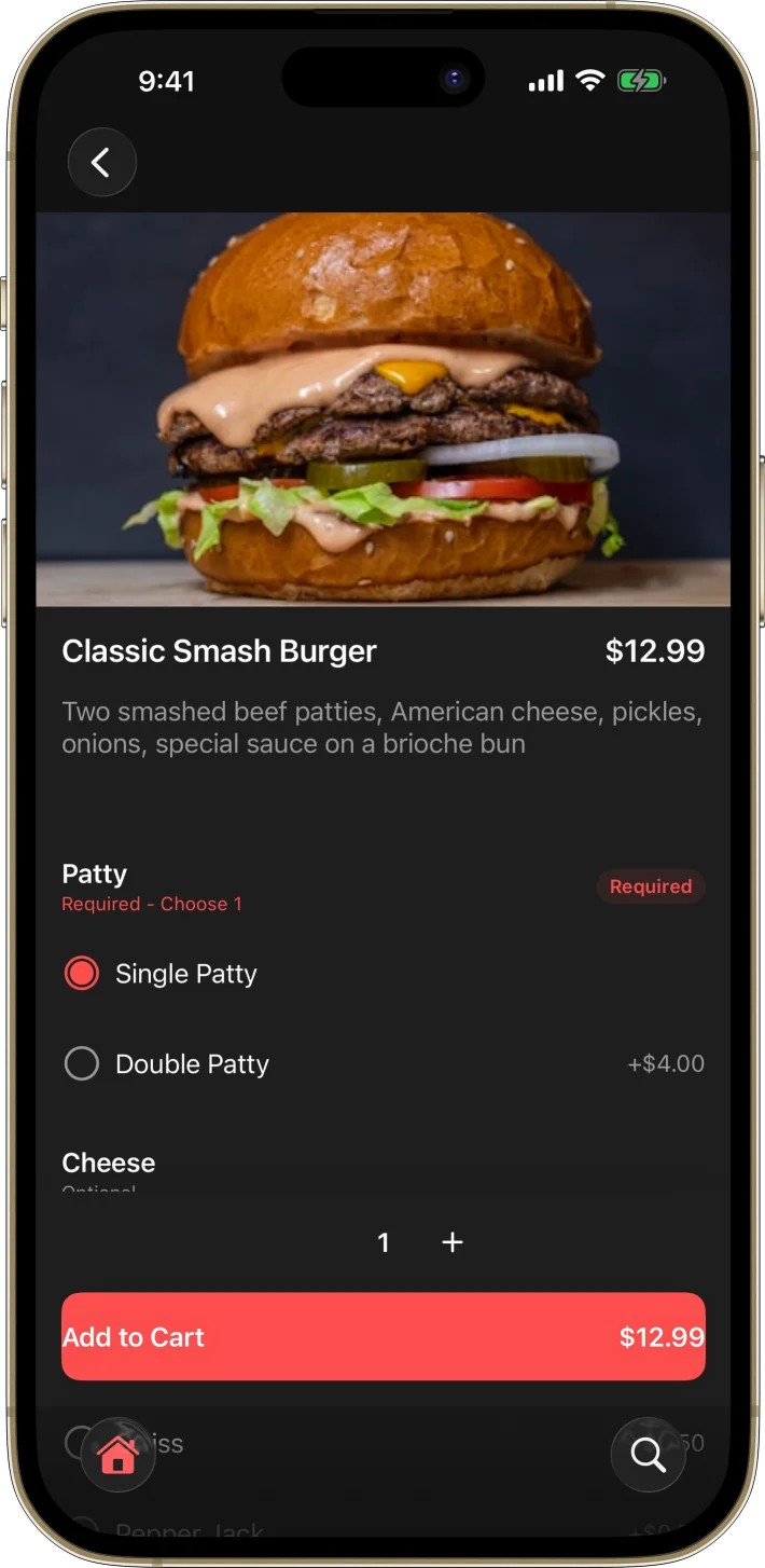FoodDash iOS starter kit UI screenshot - dark mode