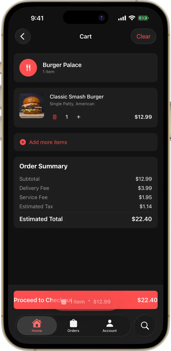 FoodDash iOS starter kit UI screenshot - dark mode