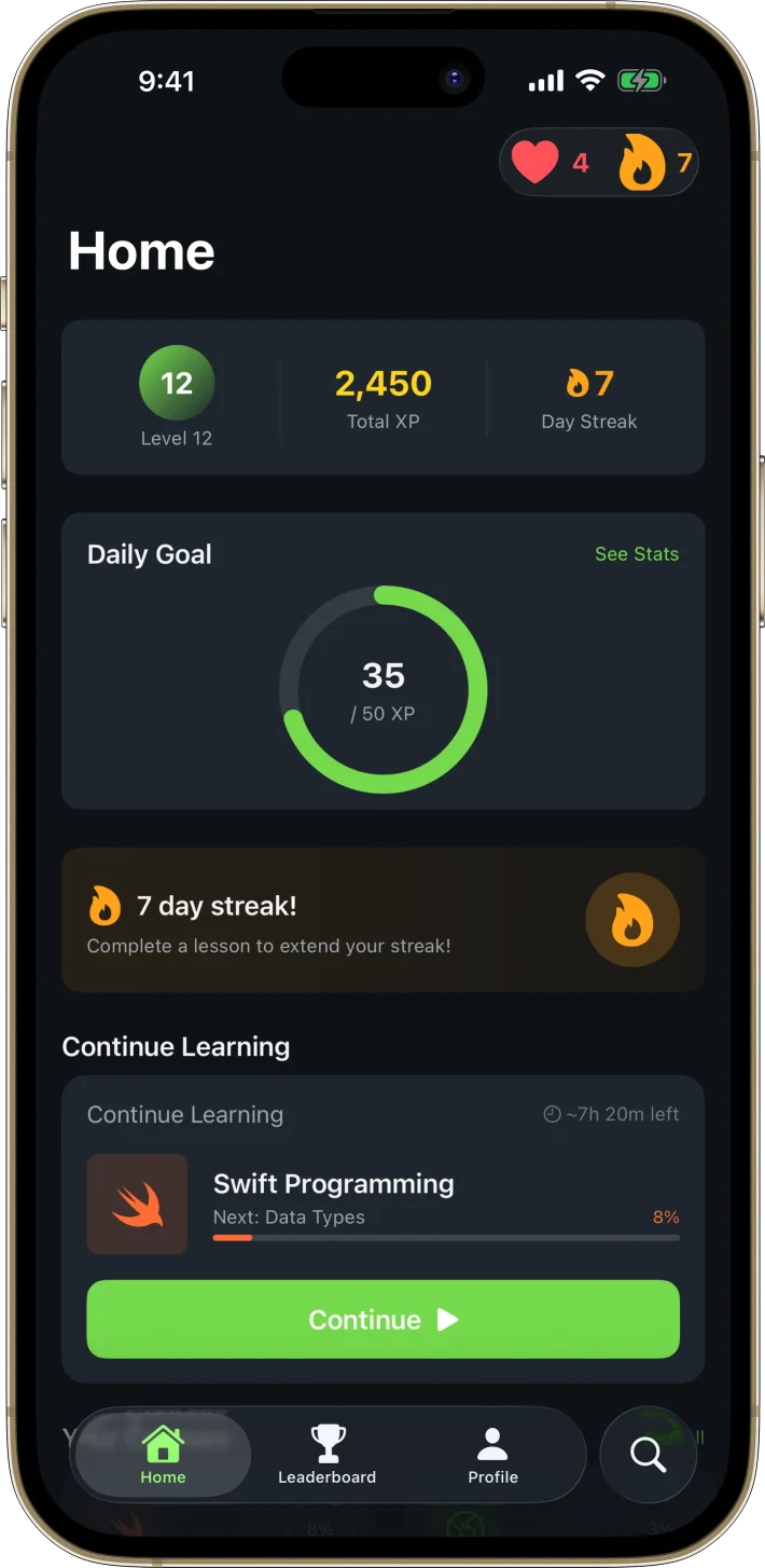 LearnPath iOS starter kit UI screenshot - dark mode