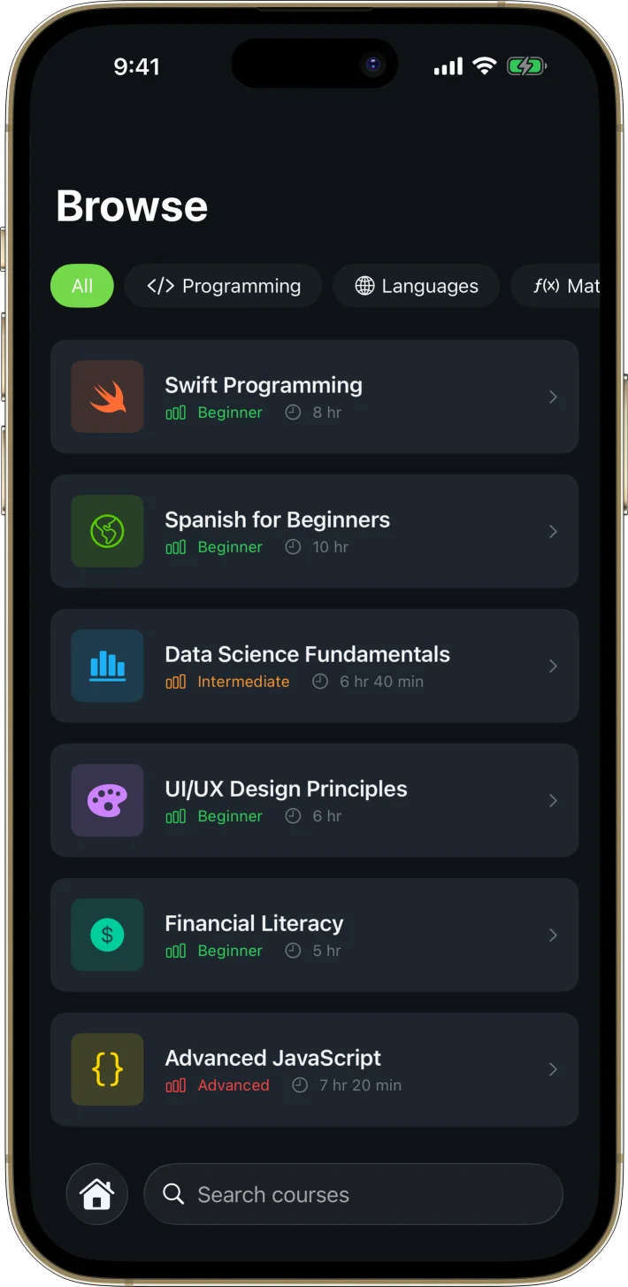 LearnPath iOS starter kit UI screenshot - dark mode