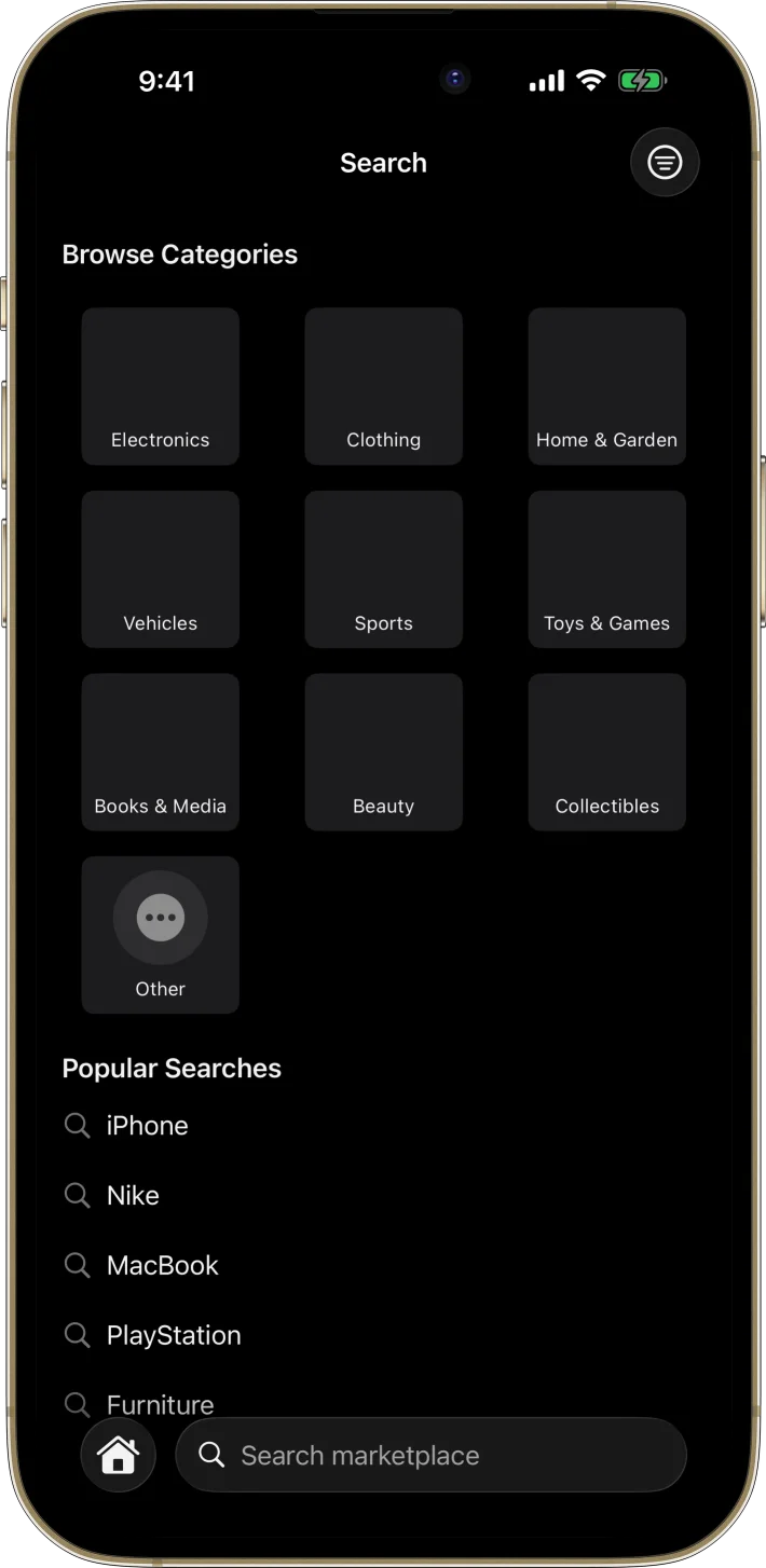 MarketPlace iOS starter kit UI screenshot - dark mode