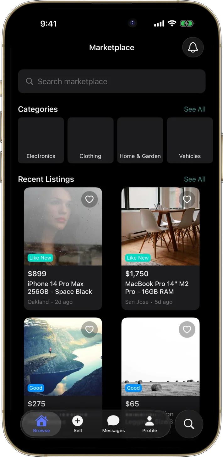 MarketPlace iOS starter kit UI screenshot - dark mode