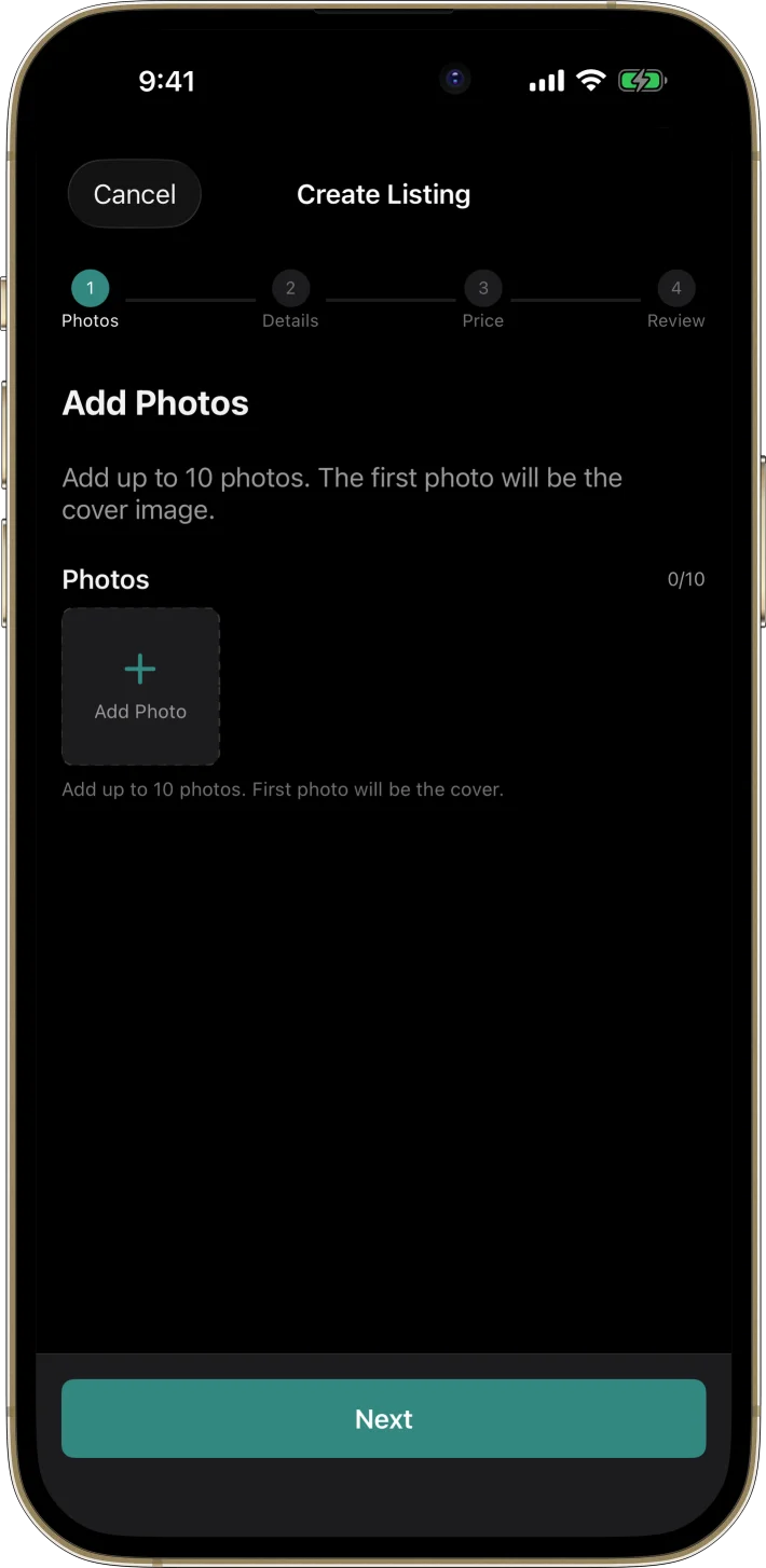 MarketPlace iOS starter kit UI screenshot - dark mode