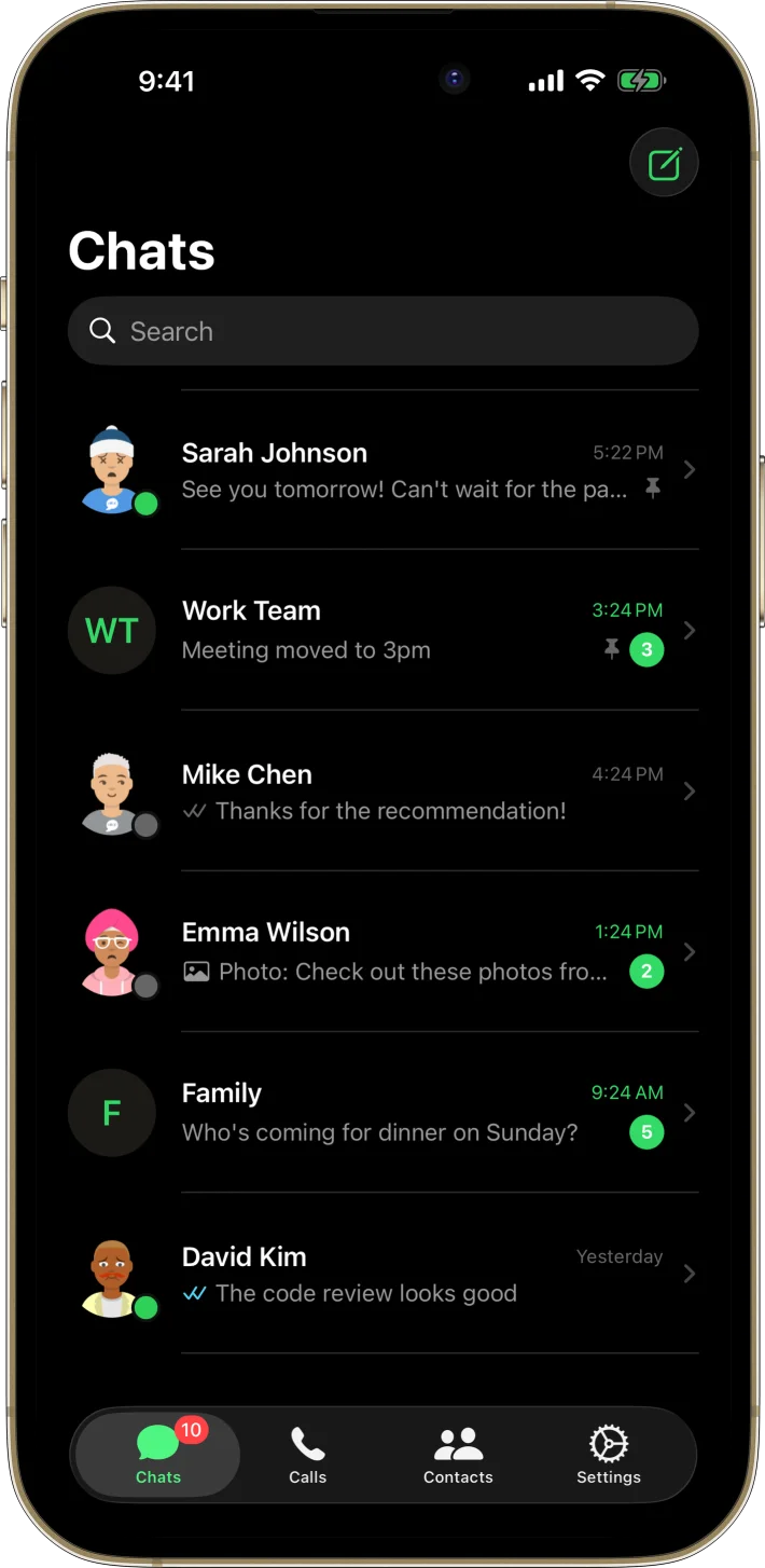 MsgFlow iOS starter kit UI screenshot - dark mode