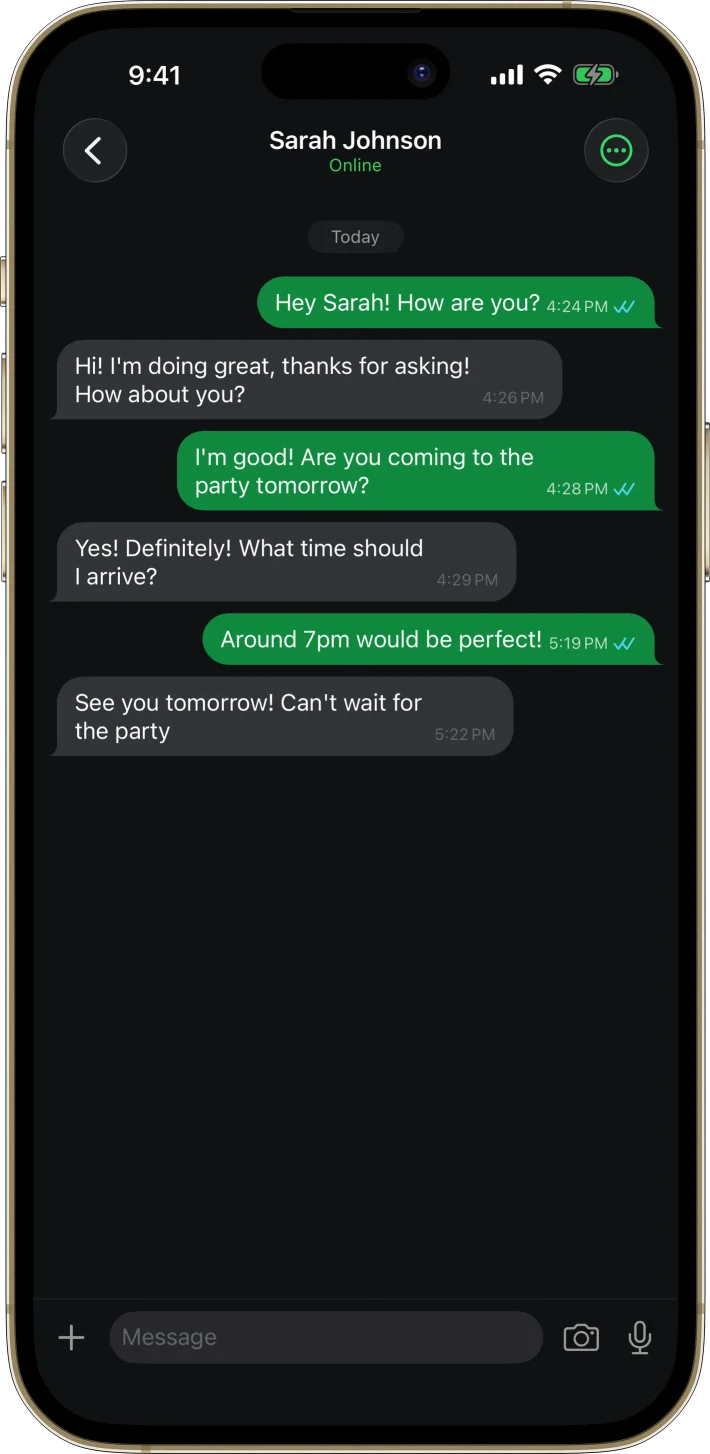MsgFlow iOS starter kit UI screenshot - dark mode