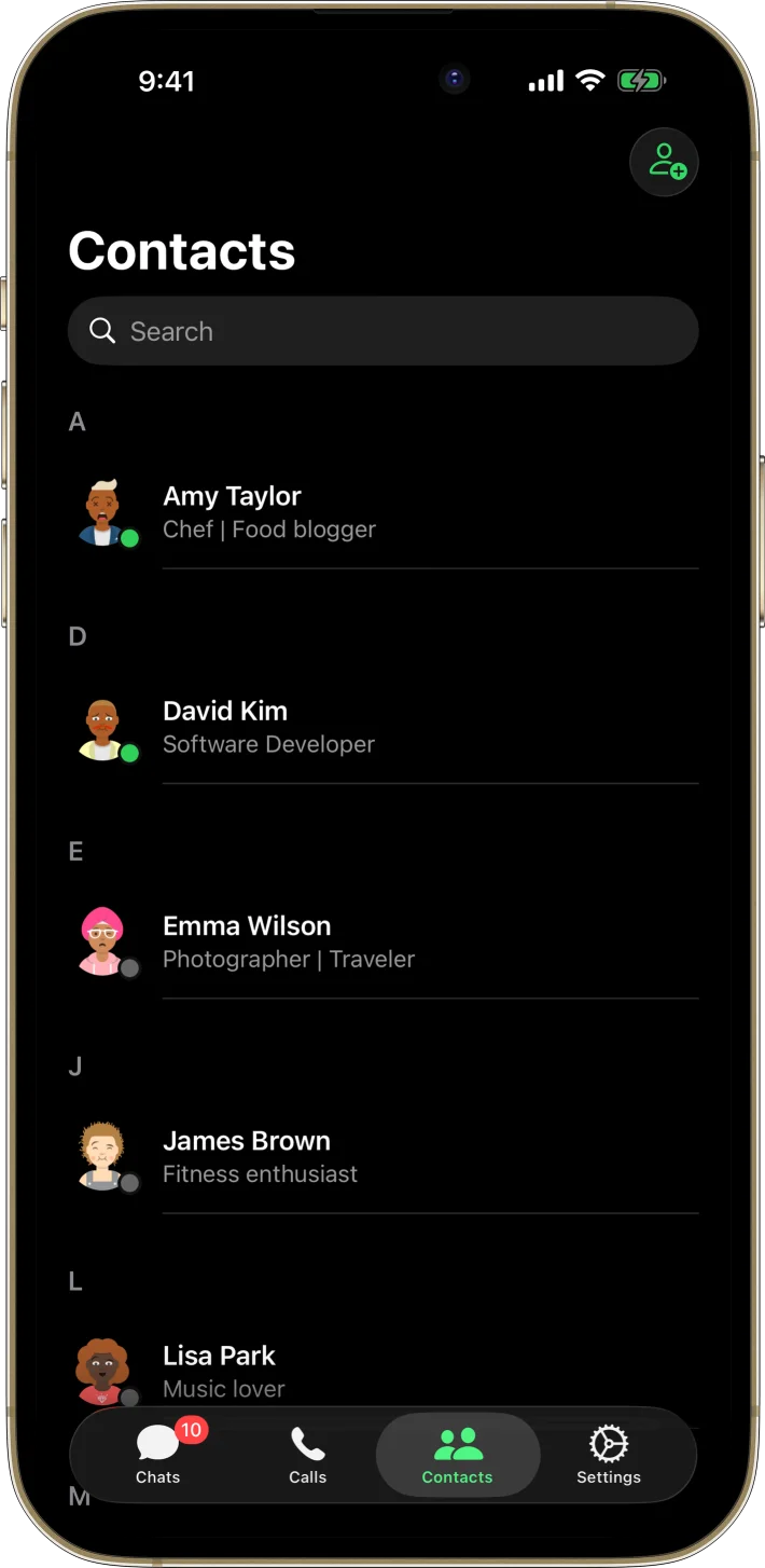 MsgFlow iOS starter kit UI screenshot - dark mode