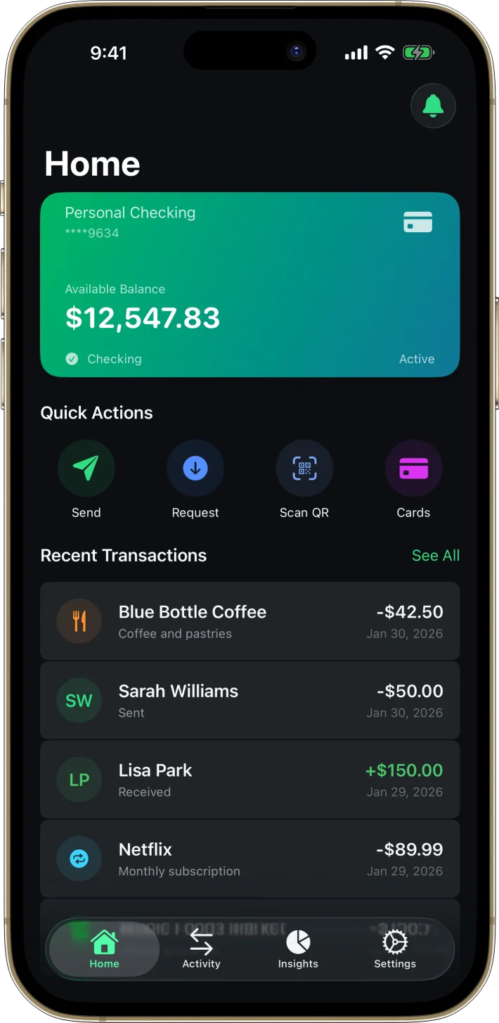 NeoBank iOS starter kit UI screenshot - dark mode