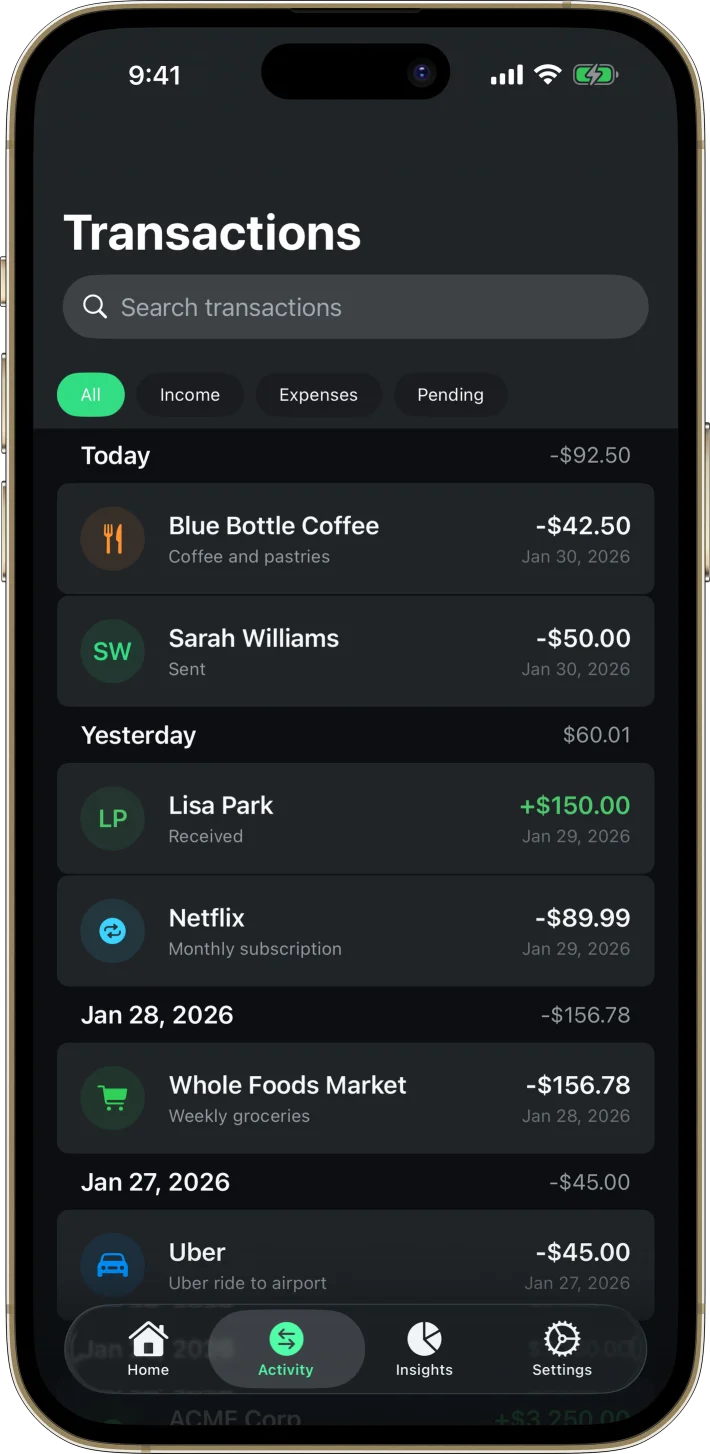 NeoBank iOS starter kit UI screenshot - dark mode