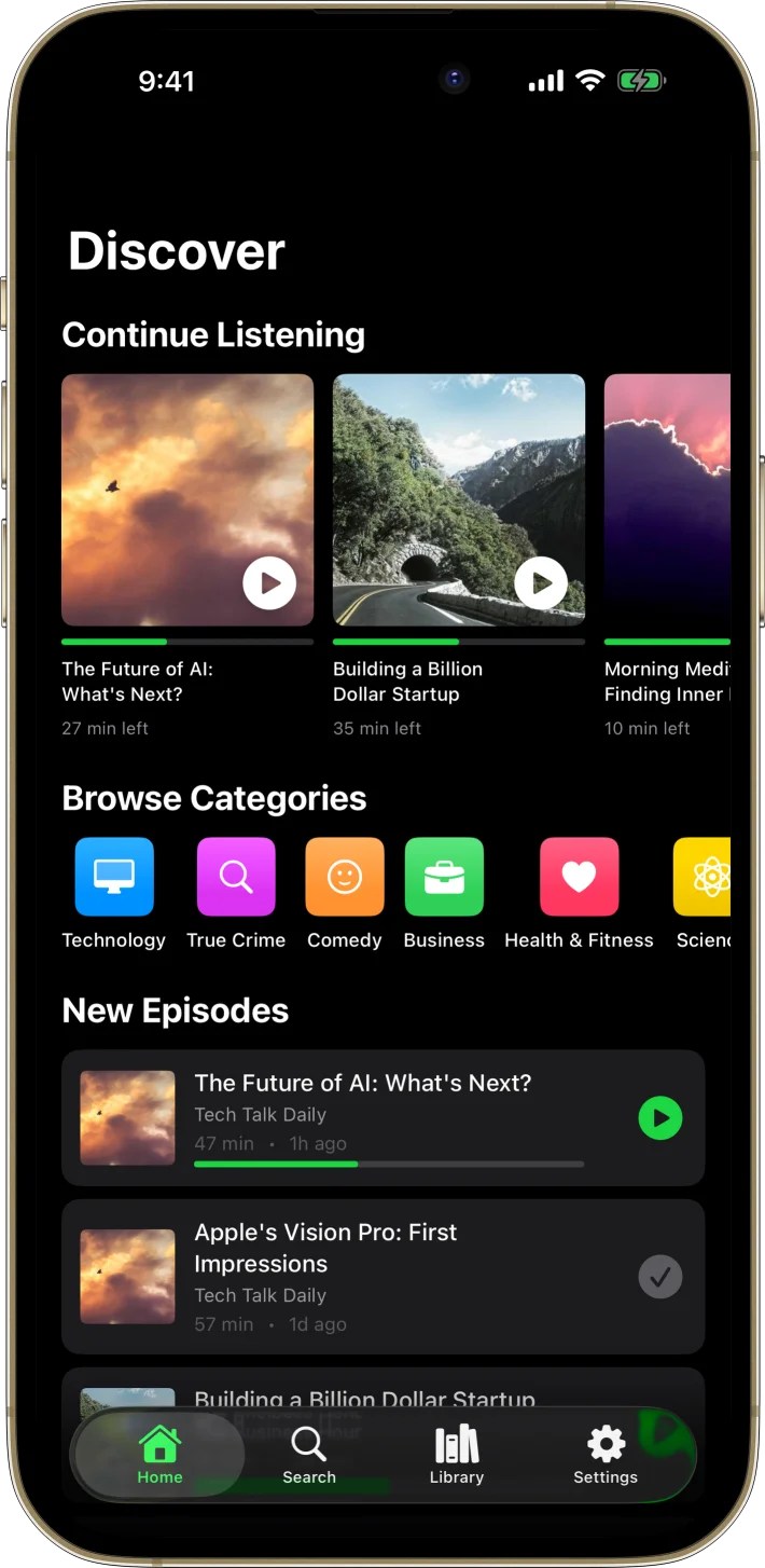 PodCastPro iOS starter kit UI screenshot - dark mode
