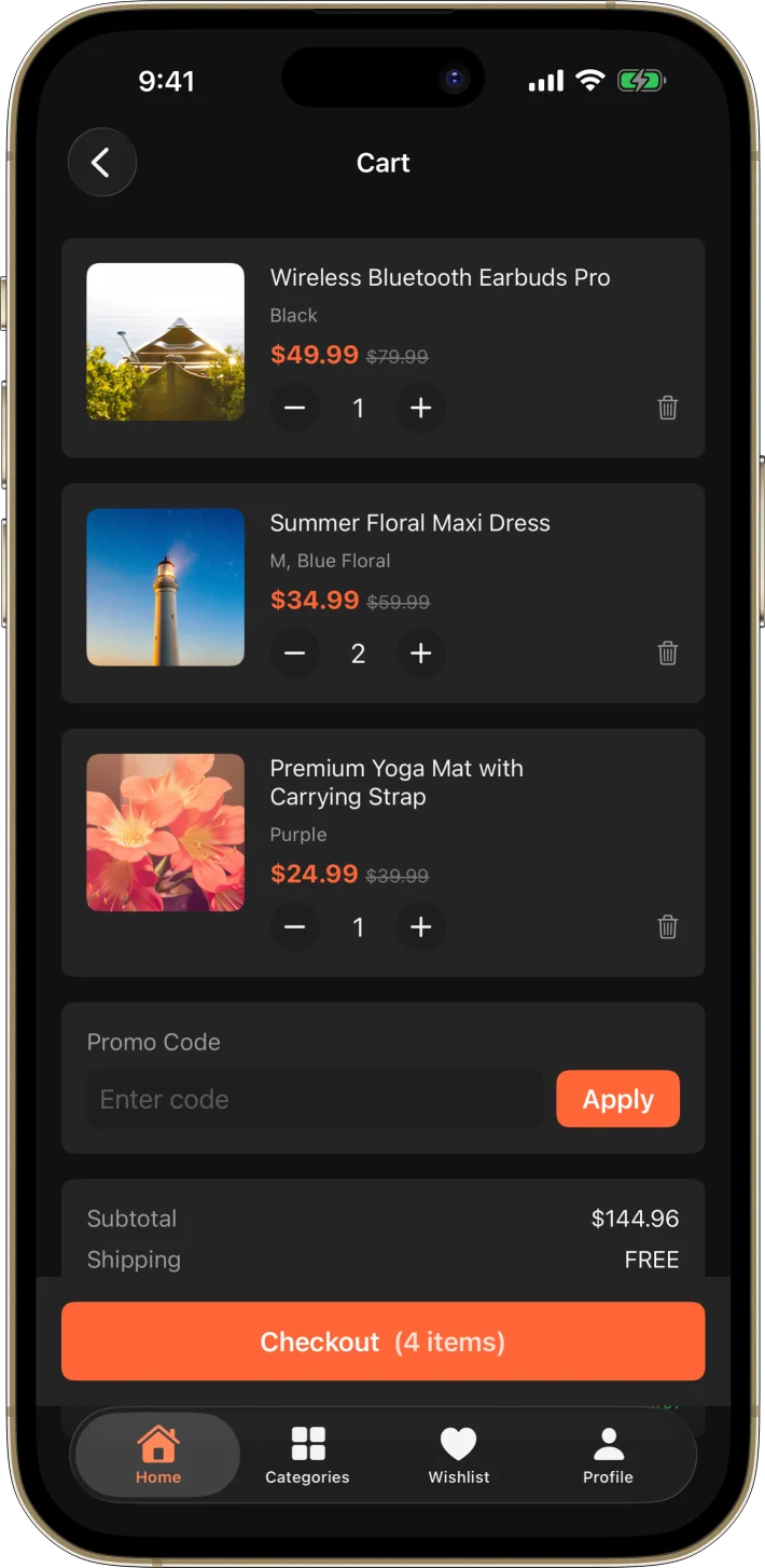 ShopExpress iOS starter kit UI screenshot - dark mode