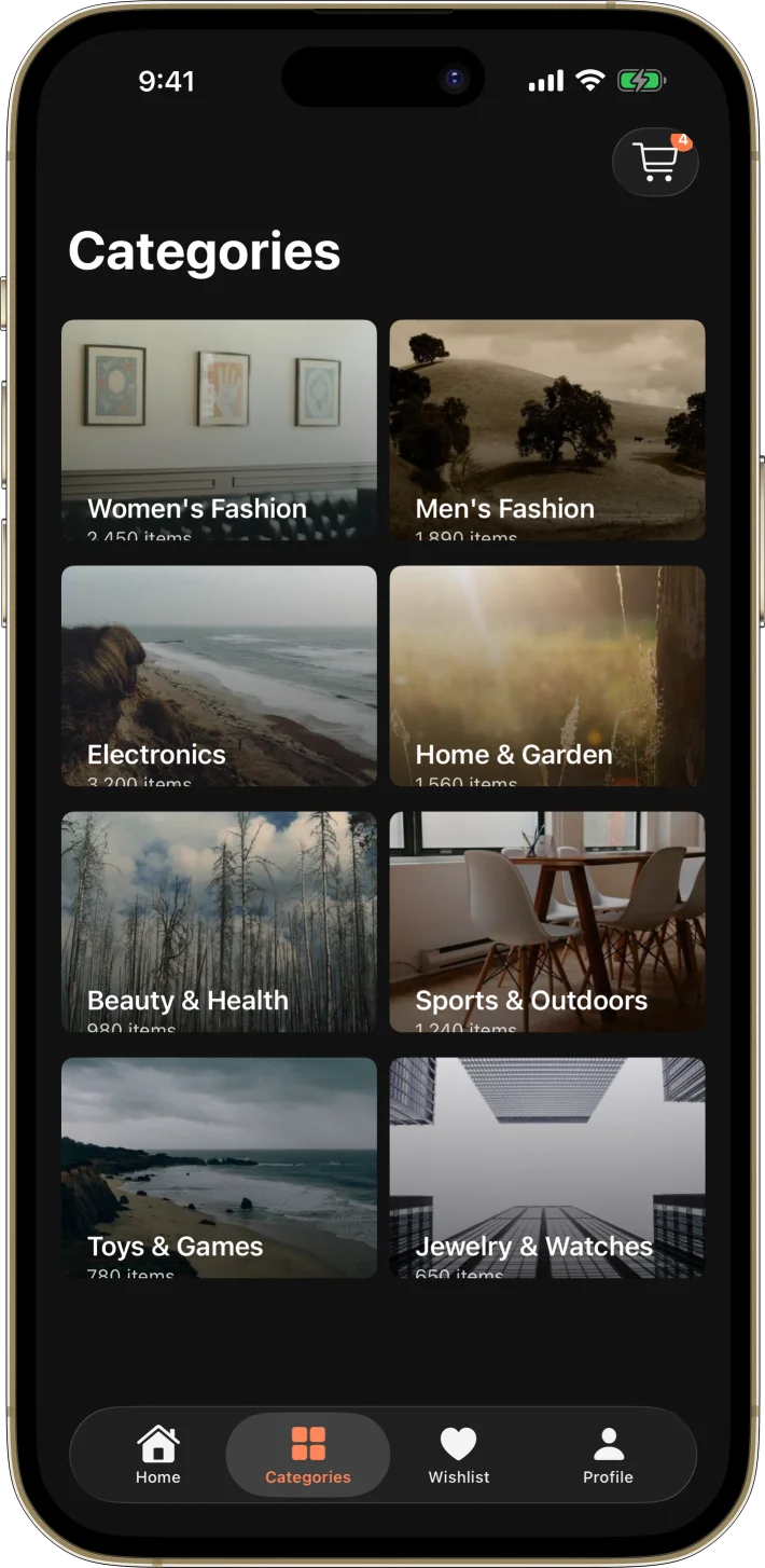 ShopExpress iOS starter kit UI screenshot - dark mode