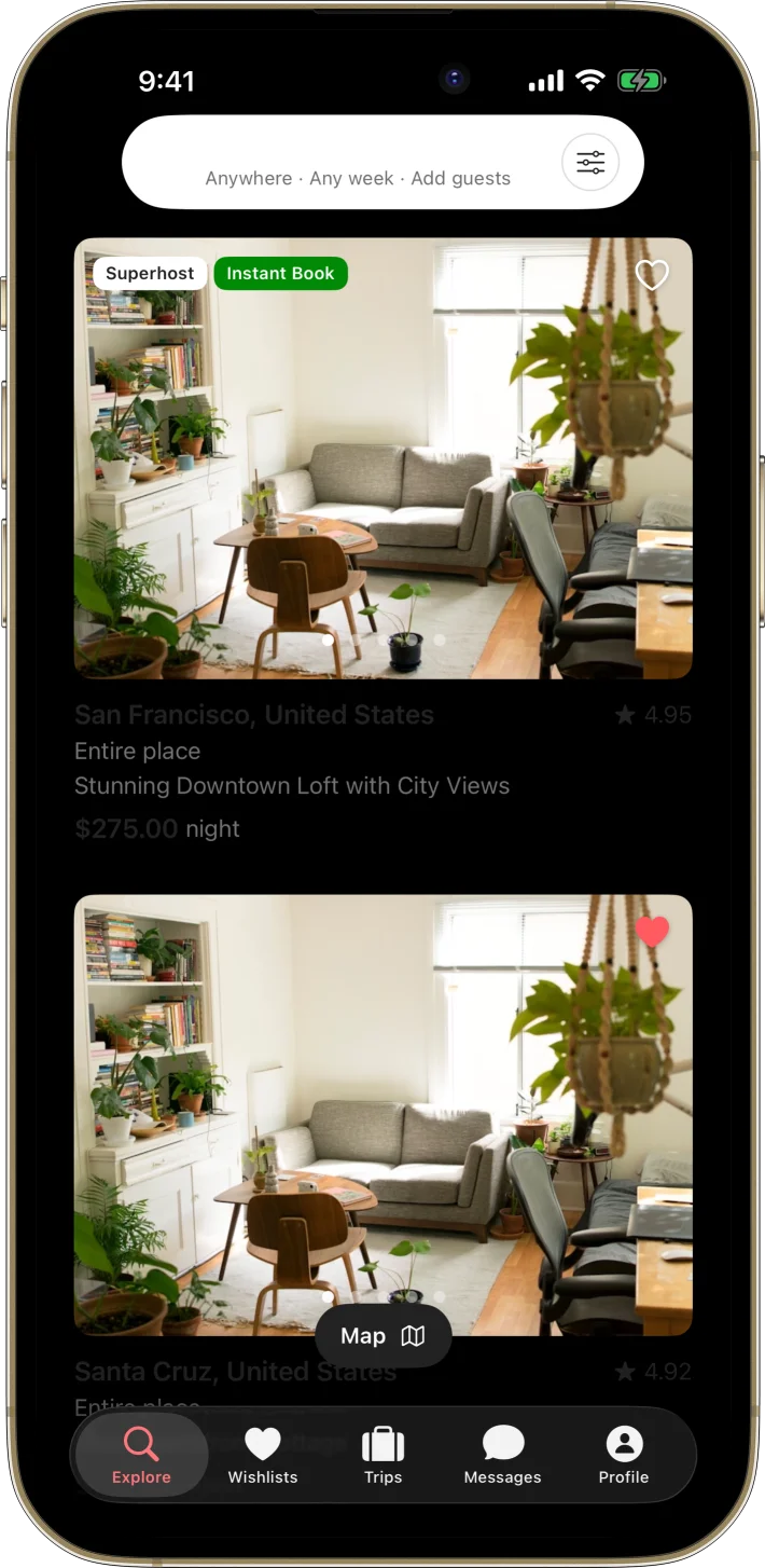 StayBook iOS starter kit UI screenshot - dark mode