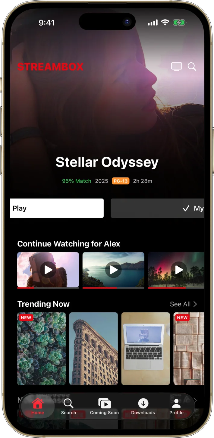 StreamBox iOS starter kit UI screenshot - dark mode