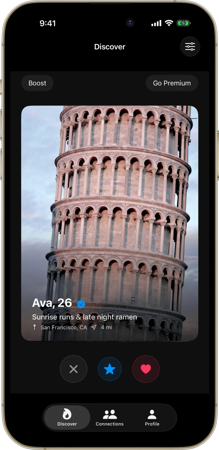 SwipeMatch iOS starter kit UI screenshot - dark mode