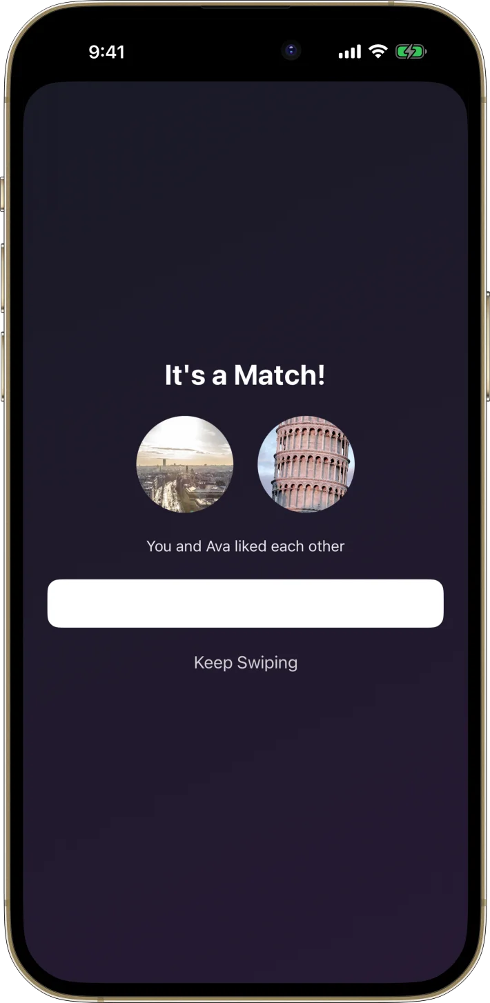 SwipeMatch iOS starter kit UI screenshot - dark mode