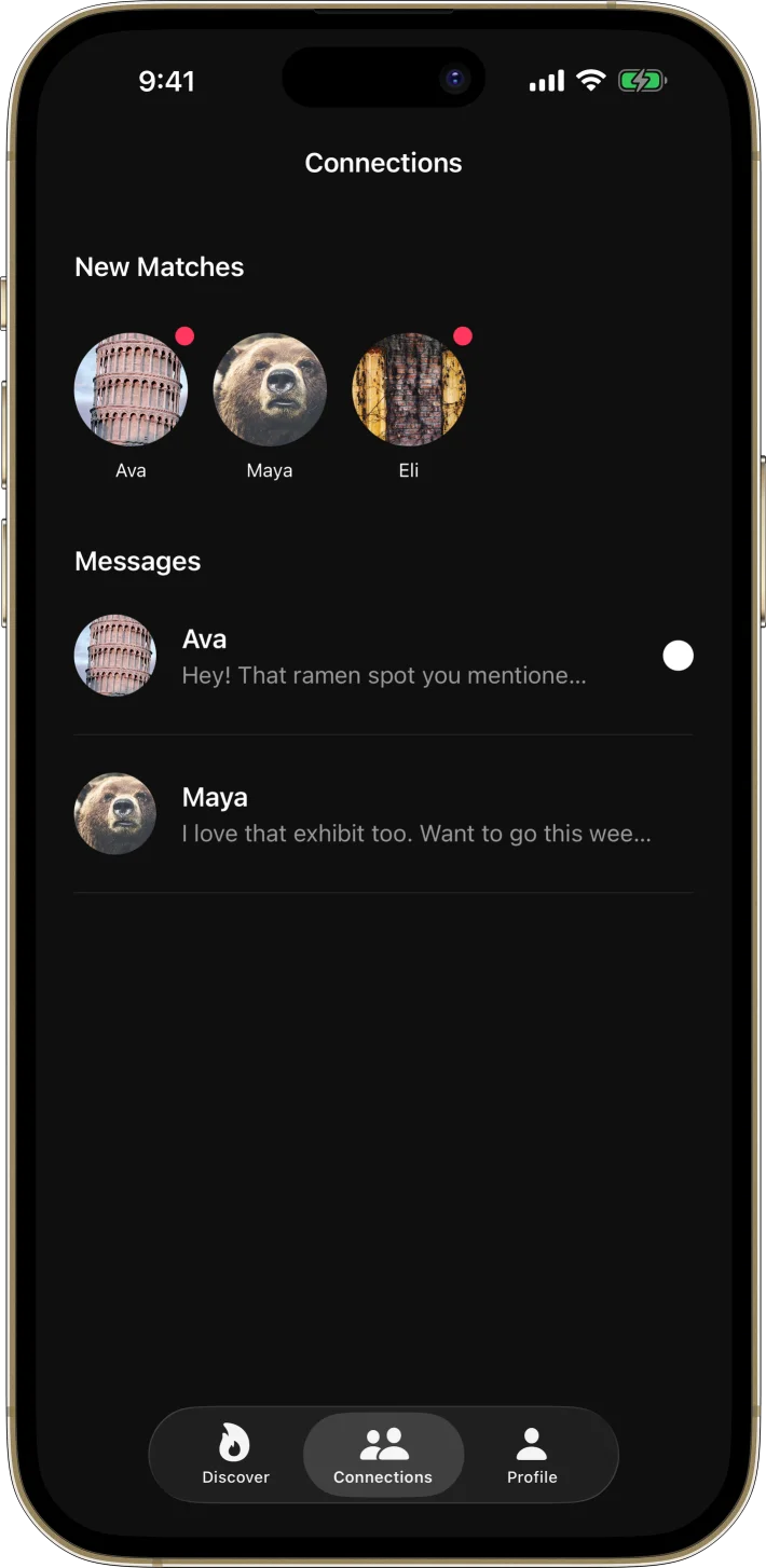 SwipeMatch iOS starter kit UI screenshot - dark mode
